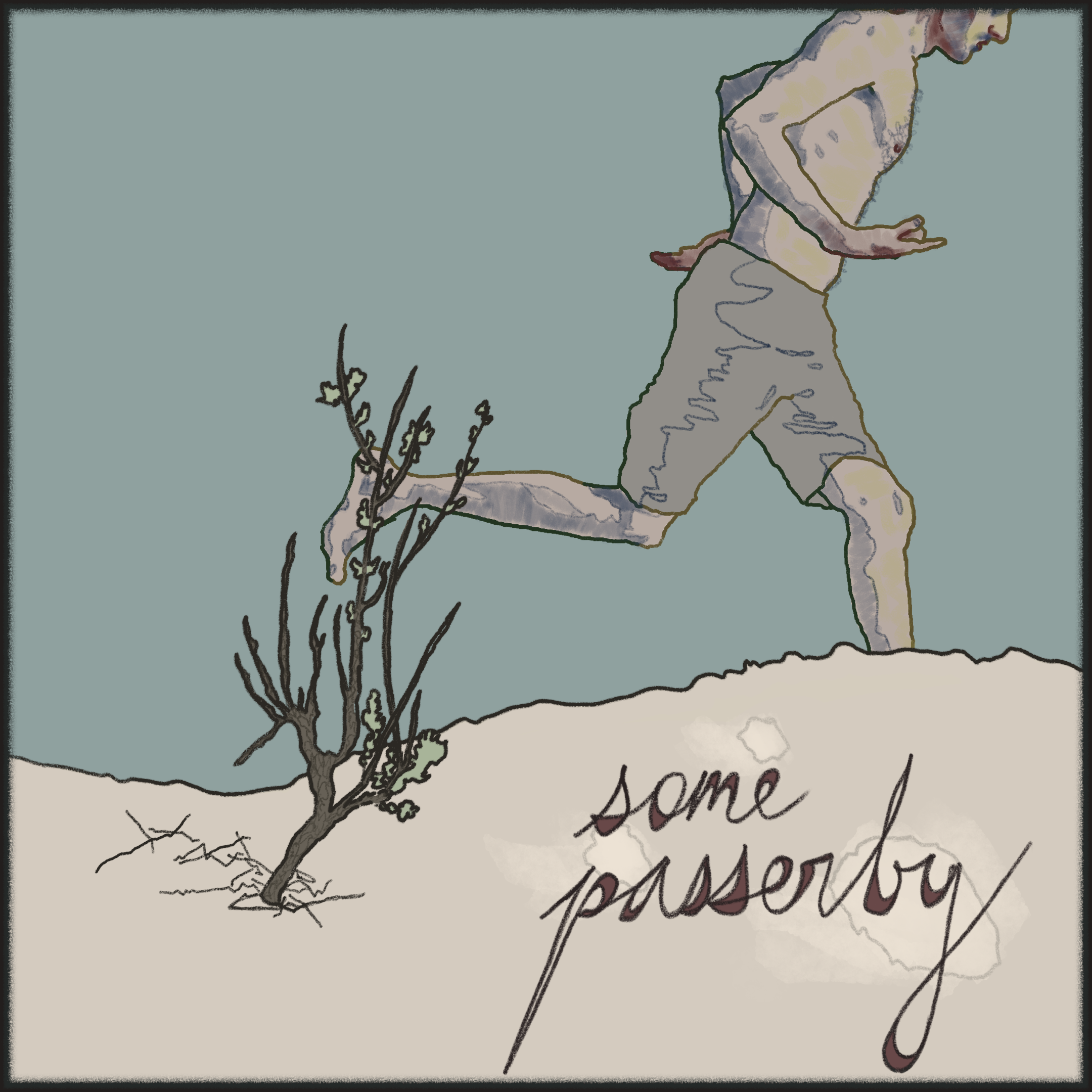 Drawing of man running in desert