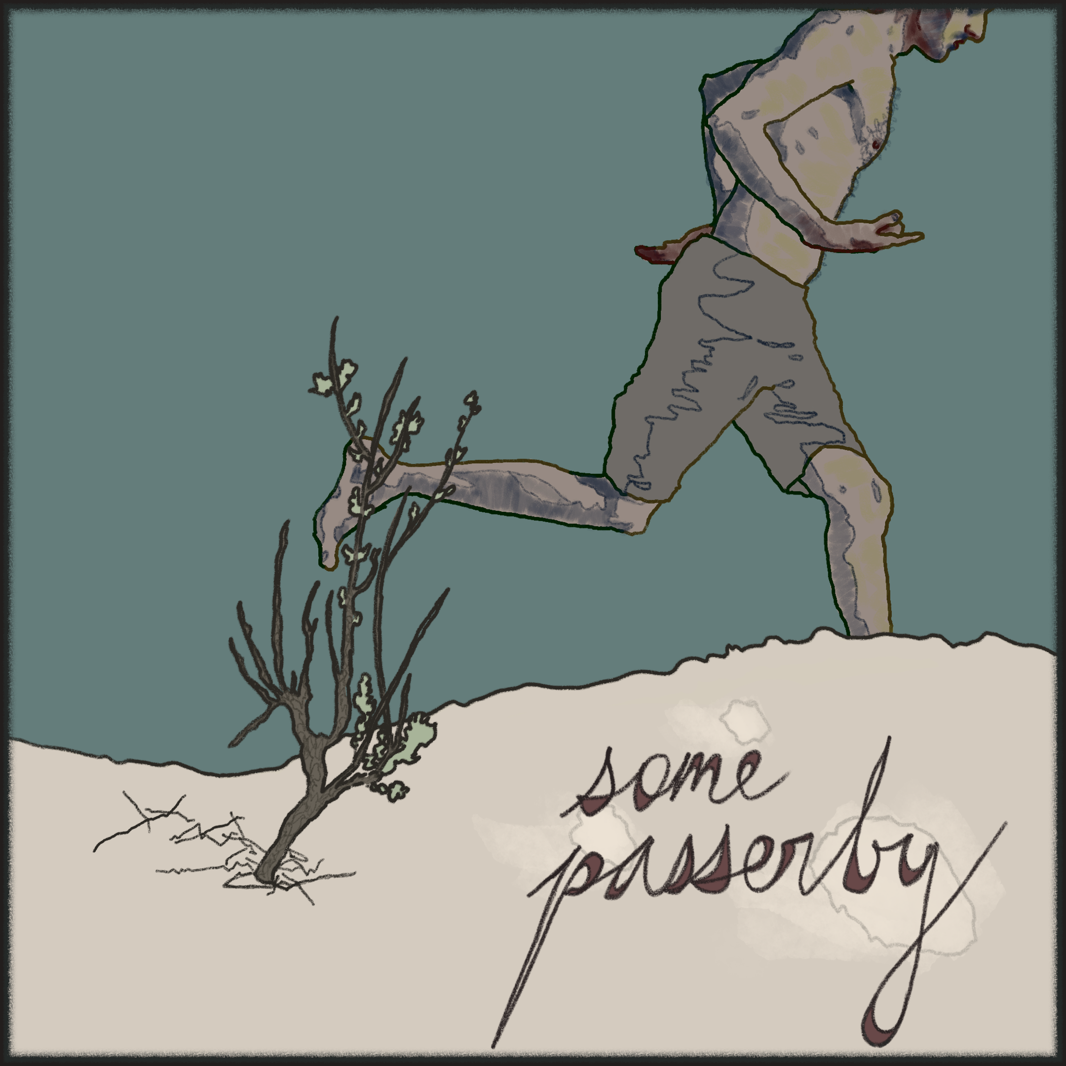 Drawing of man running in desert